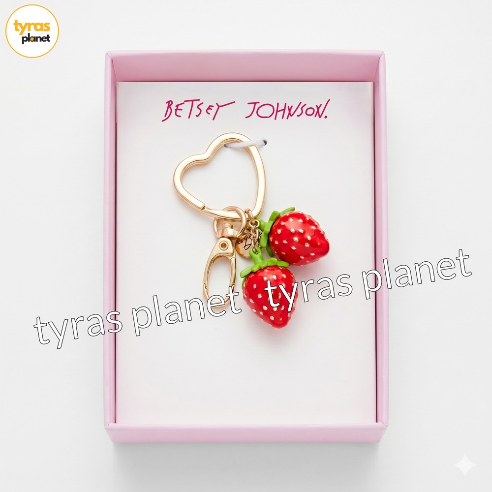 Betsey Johnson Summer Picnic Strawberry Key Fob Heart Charm Gold Tone Red NIB